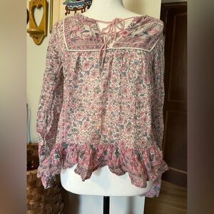 Raga Indian 70’s inspired floral peasant blouse with tassel ties